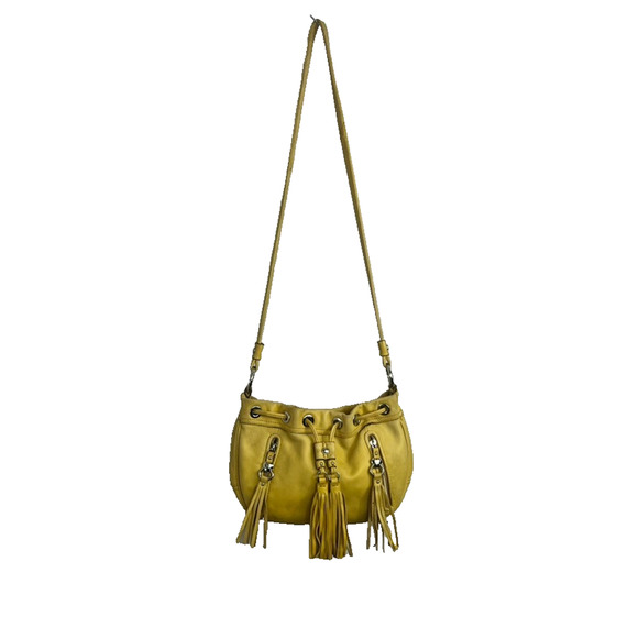 B Makowsky Crossbody Bag Purse Yellow Metal Hardware Leather Fringe Tassel - Picture 2 of 16